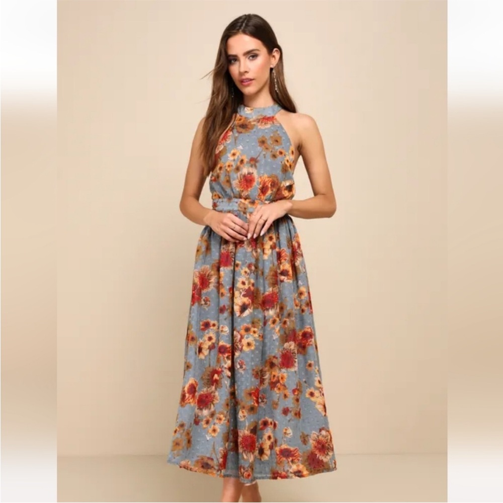 Charming Vision Blue Floral Swiss Dot Lurex
Halter Midi Dress - Lulu's